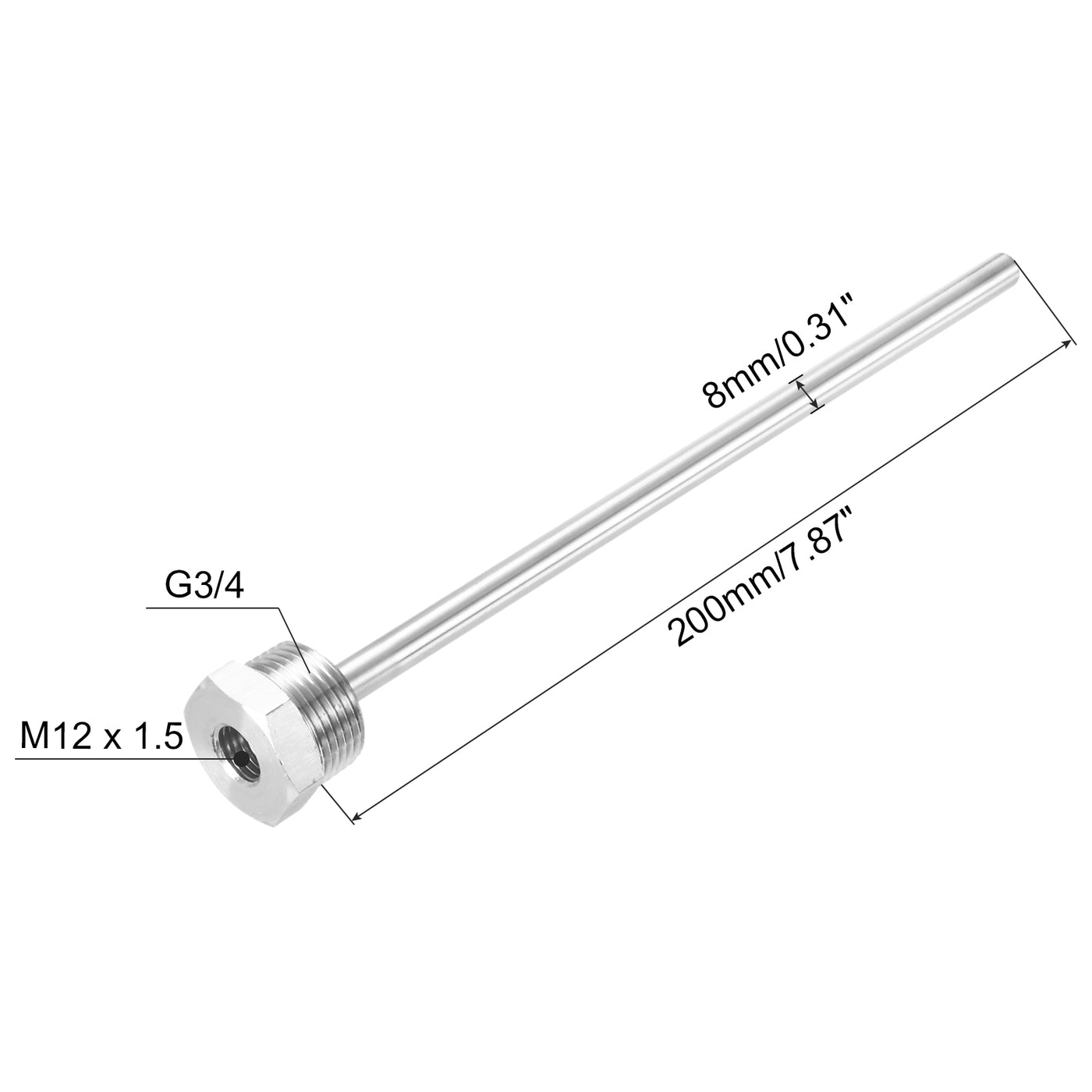 uxcell Uxcell 8mm Dia G3/4 Thermowell Weldless Stainless Steel 304 200mm White