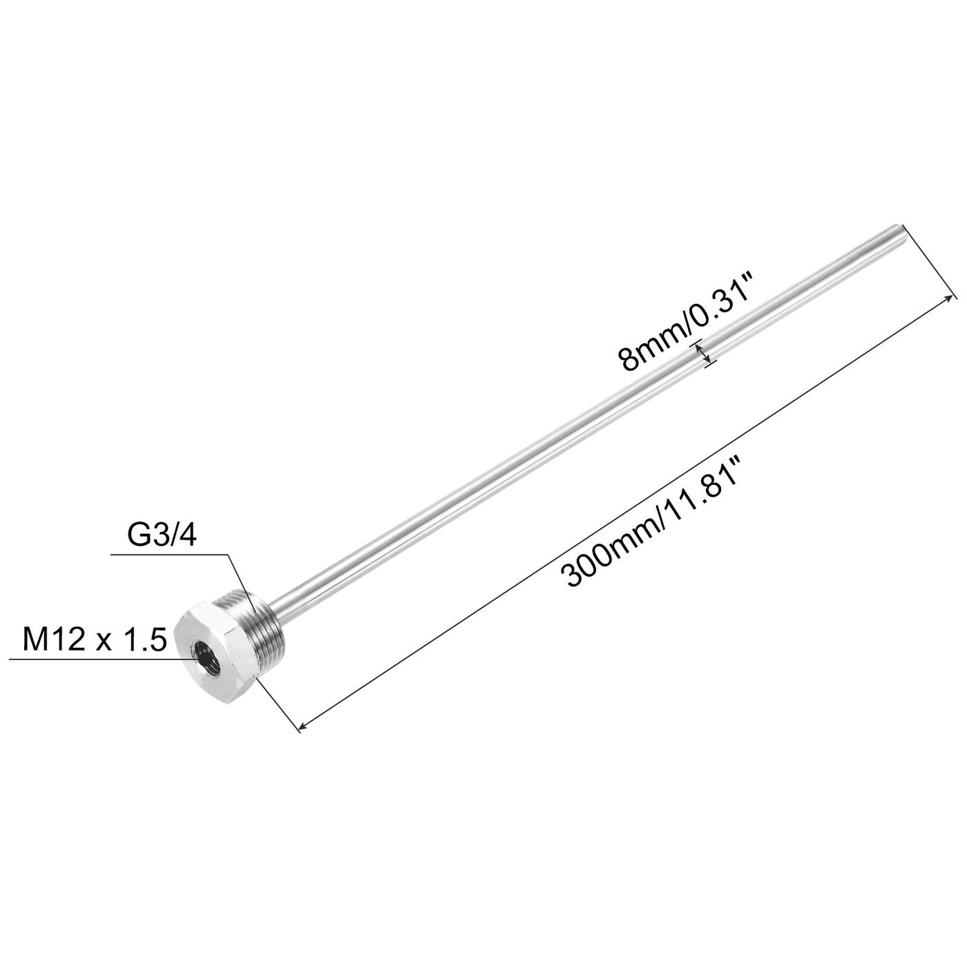 uxcell Uxcell 8mm Dia G3/4 Thermowell Weldless Stainless Steel 304 300mm White