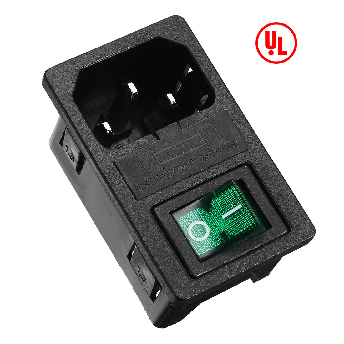 uxcell Uxcell Green Rocker Switch Fuse Holer IEC320 C14 4P DPST Male Power Socket AC250V 10A