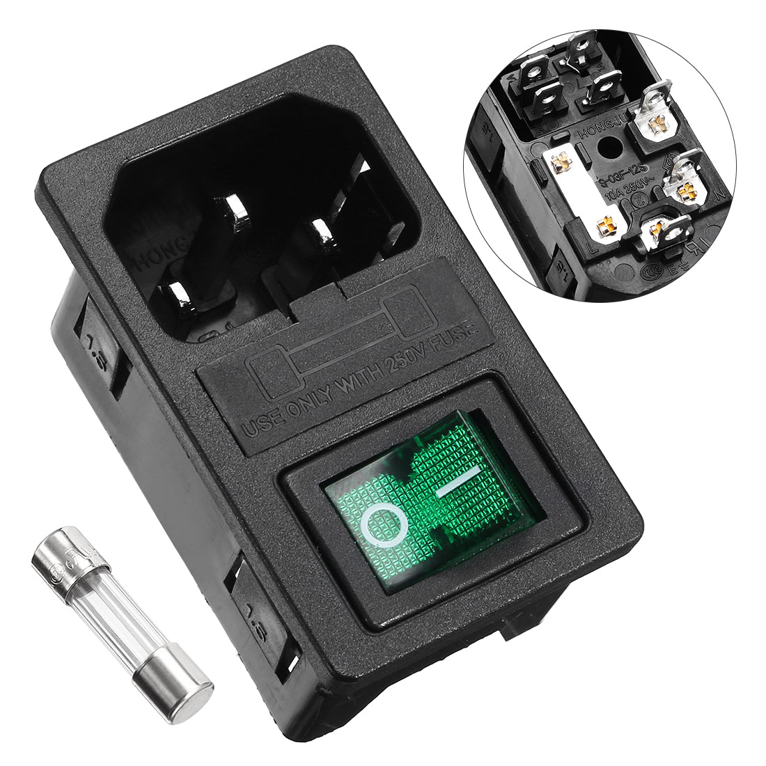 uxcell Uxcell Green Rocker Switch Fuse Holer IEC320 C14 4P DPST Male Power Socket AC250V 10A