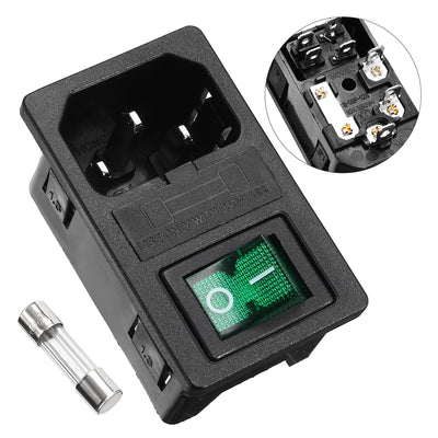 Harfington Uxcell Green Rocker Switch Fuse Holer IEC320 C14 4P DPST Male Power Socket AC250V 10A