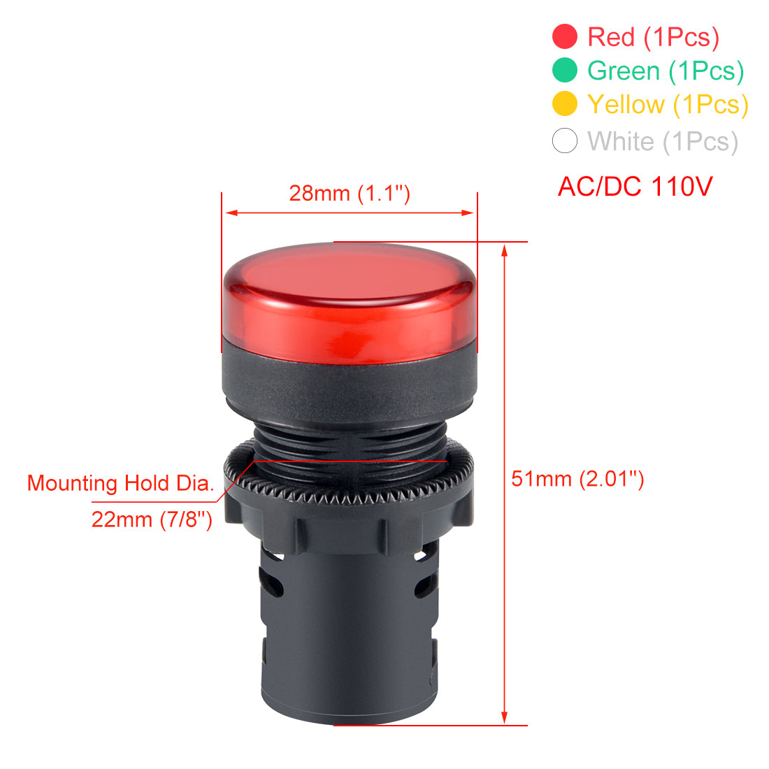 uxcell Uxcell 4Pcs AC/DC 110V Indicator Lights, Red+Green+Yellow+White LED, Flush Panel Mount 7/8" 22mm