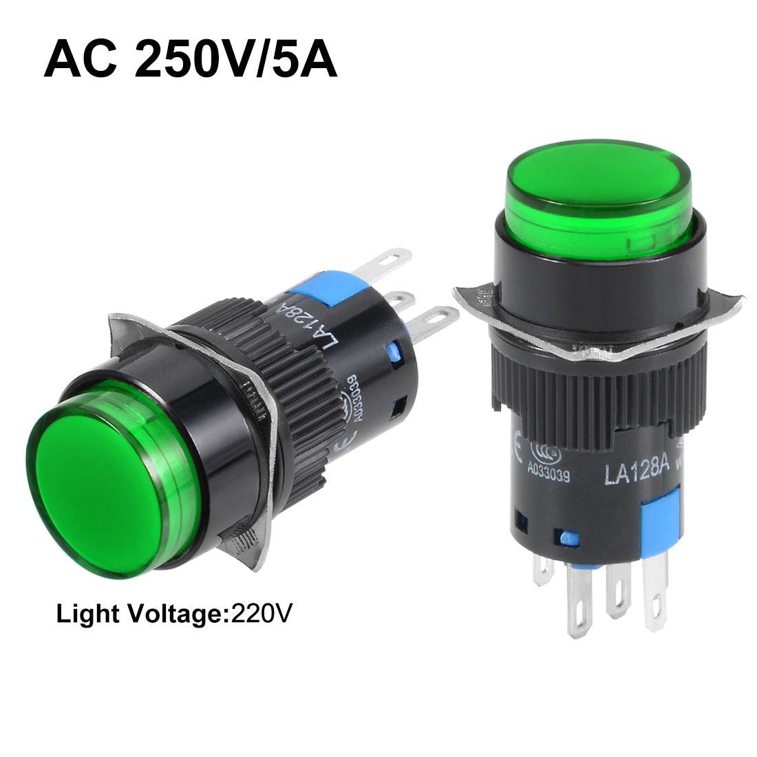 uxcell Uxcell 2 pcs 16mm Momentary Push Button Switch Green LED Light Round Button 1NO 1NC Light 220V