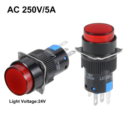 Harfington Uxcell 2 Pcs 16mm Momentary Push Button Switch Red LED Light Round Button 1 NO 1 NC Light 24V 5 Pin