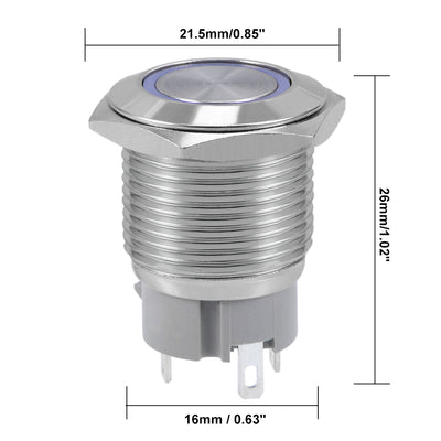 Harfington Uxcell Momentary Push Button Switch 16mm Mounting Dia 5A 1NO with 3V Blue LED Light