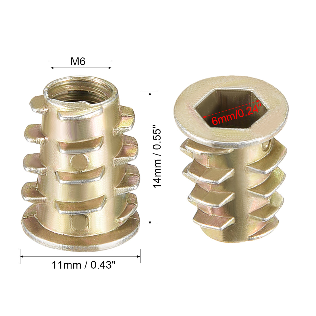 uxcell Uxcell Threaded Insert Nuts Zinc Alloy Hex Socket M6 Internal Threads 14mm Length 30pcs