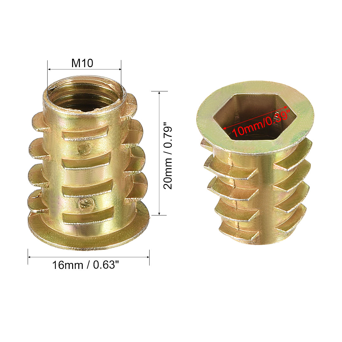 uxcell Uxcell Threaded Insert Nuts Zinc Alloy Hex Socket M10 Internal Threads 20mm Length 5pcs