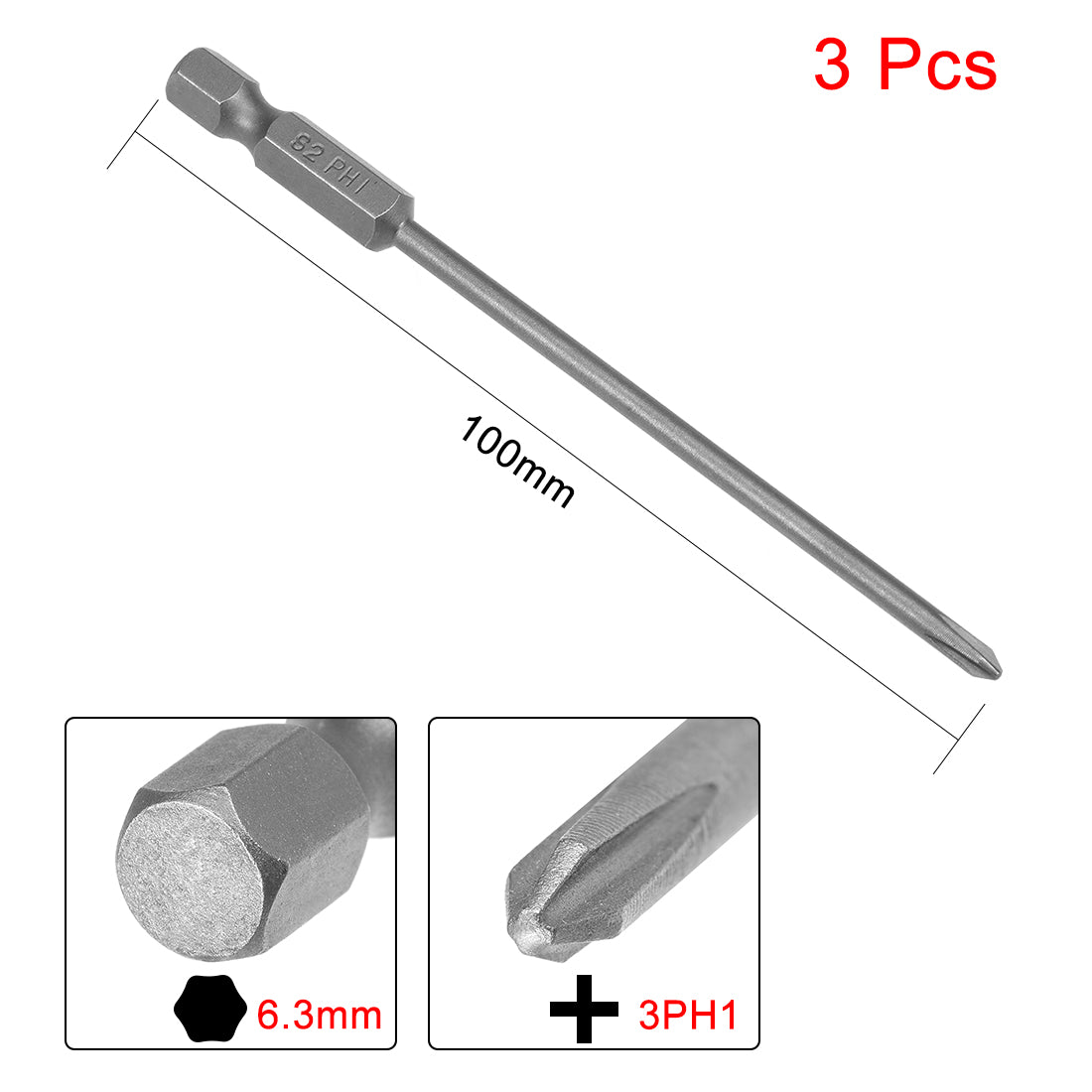 uxcell Uxcell 3 Pcs 3mm PH1 Magnetic Phillips Screwdriver Bits, 1/4 Inch Hex Shank 3.94-inch Length S2 Power Tool