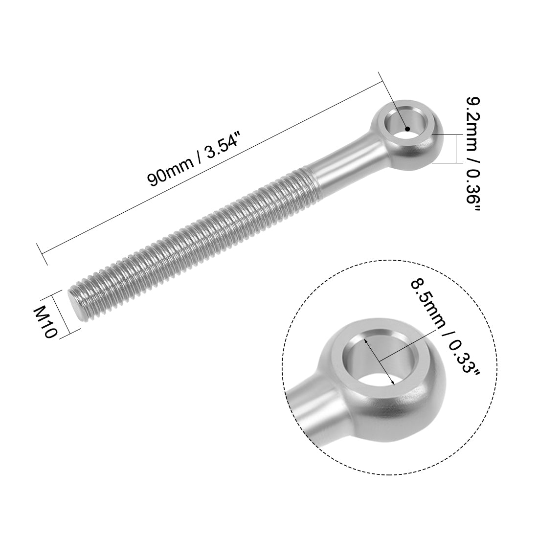 uxcell Uxcell M10 x 90mm Machinery Shoulder Swing Lifting Eye Bolt  304 Stainless Steel Metric Thread 2pcs