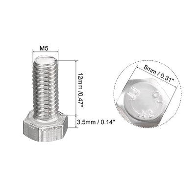 Harfington Uxcell M5x12mm Hex Bolts 304 Stainless Steel Hexagon Screw Bolt 50pcs