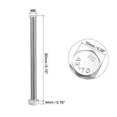 Harfington Uxcell M6x80mm Hex Bolts 304 Stainless Steel Hexagon Screw Bolt 5pcs