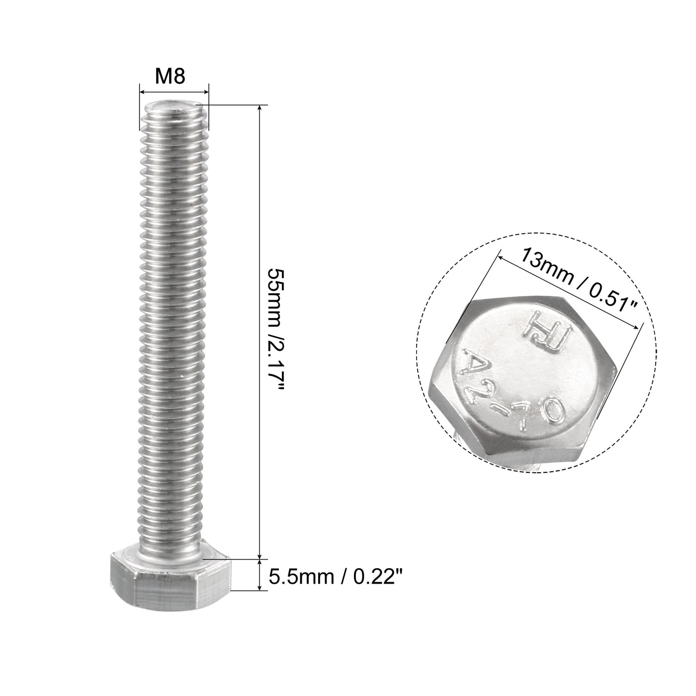 uxcell Uxcell M8x55mm Hex Bolts 304 Stainless Steel Hexagon Screw Bolt 10pcs