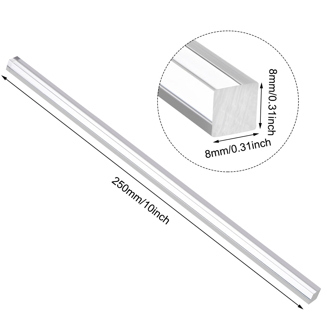 uxcell Uxcell 8mmx8mmx250mm Clear Solid Acrylic Square Rod PMMA Bar 4pcs