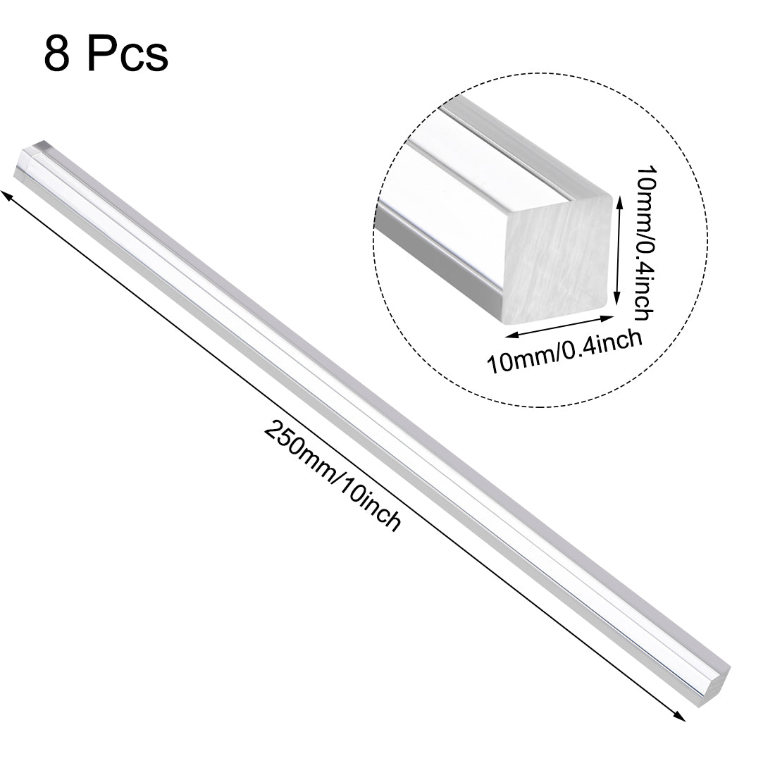 uxcell Uxcell 10mmx10mmx250mm Clear Solid Acrylic Square Rod PMMA Bar 8pcs