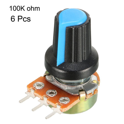 Harfington Uxcell 6Pcs 100K Ohm Variable Resistors Single Turn Rotary Carbon Film Taper Potentiometer with Knobs