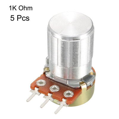 Harfington Uxcell WH148 5Pcs 1K Ohm Variable Resistors Single Turn Rotary Carbon Film Taper Potentiometer with Knobs