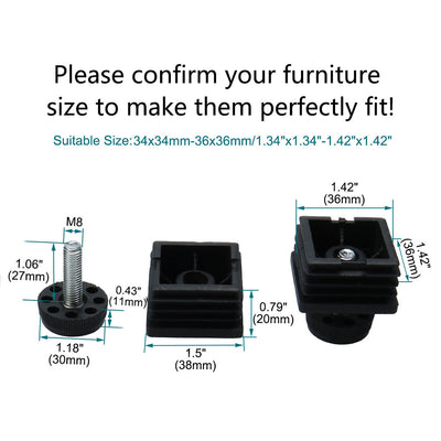 Harfington Uxcell Leveling Feet 38 x 38mm Square Tube Inserts Kit Furniture Glide Adjuster 8 Sets