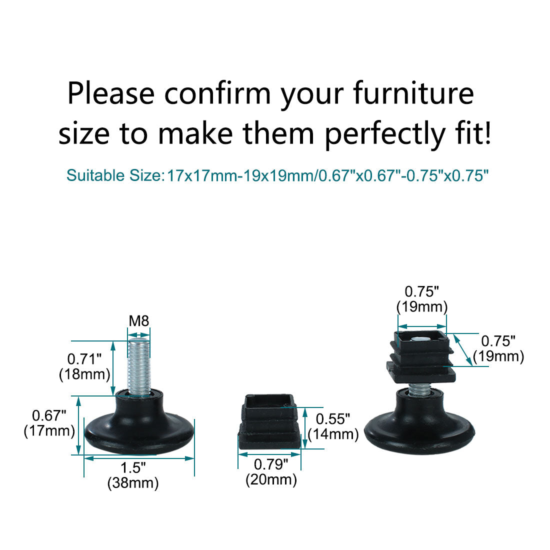 uxcell Uxcell Adjustable Feet 20 x 20mm Square Inserts Furniture Glide 10 Sets Black