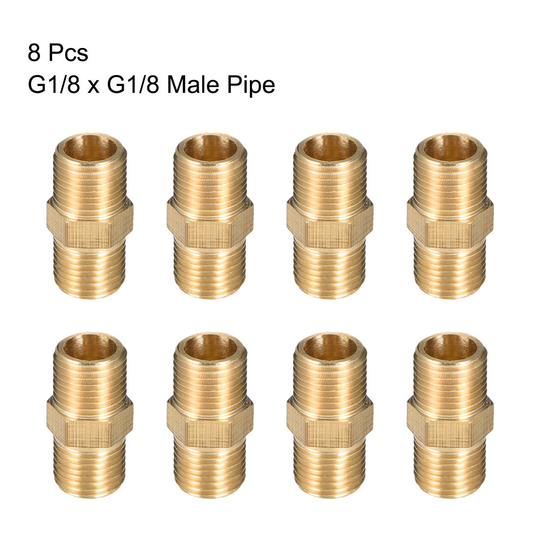 uxcell Uxcell Brass Pipe Fitting Thread Hex G1/8 x G1/8 Male Pipe Brass Fitting 8pcs