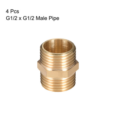 Harfington Uxcell Brass Pipe Fitting Hex G1/2 x G1/2 Male Thread Pipe Brass Fitting 4pcs