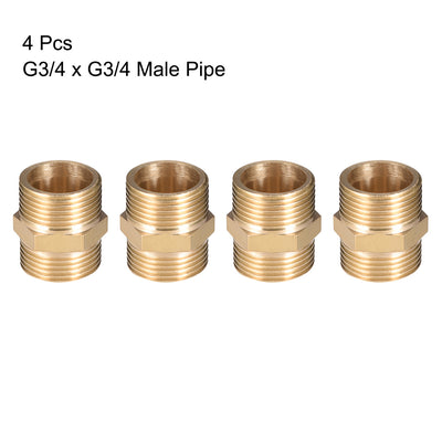 Harfington Uxcell Brass Pipe Fitting, 3/4" G x 3/4" G Male Thread Pipe Brass Fitting Gold Tone, 4pcs