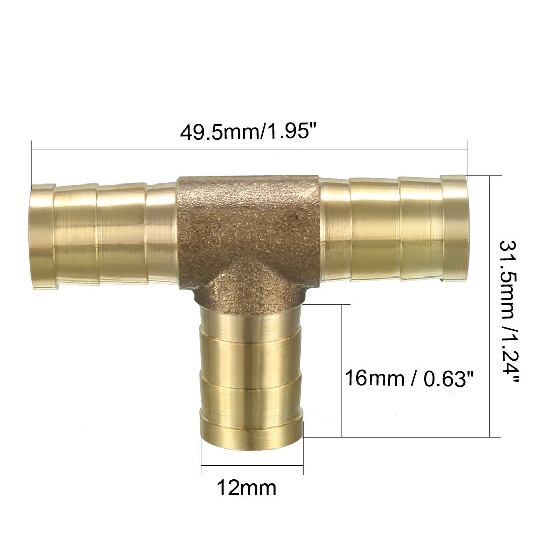 uxcell Uxcell 12mm Brass Tee Barb Hose Fitting T 3 Way Connector Joiner 2pcs