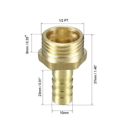 Harfington Uxcell Brass Barb Hose Fitting Connector Adapter 10mm Barbed x 1/2 PT Male Pipe 5pcs