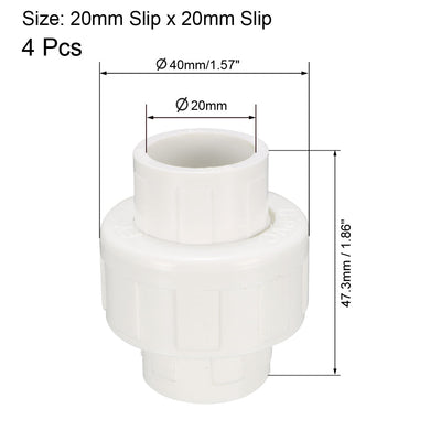 Harfington Uxcell 20mm Slip x 20mm Slip Metric PVC Pipe Fitting Union Solvent Socket Quick Connector 4pcs