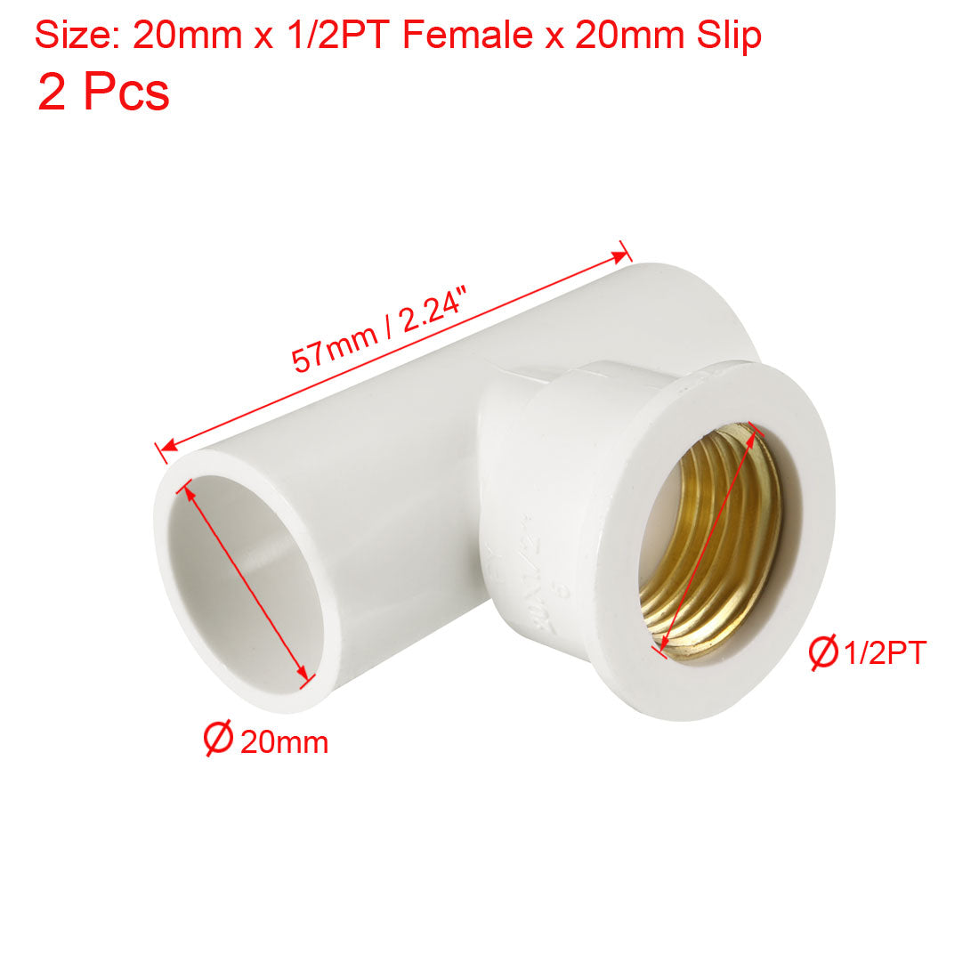 uxcell Uxcell 20mm x 1/2PT Female x 20mm Slip PVC Pipe Fitting Tee T-shaped 2 Pcs