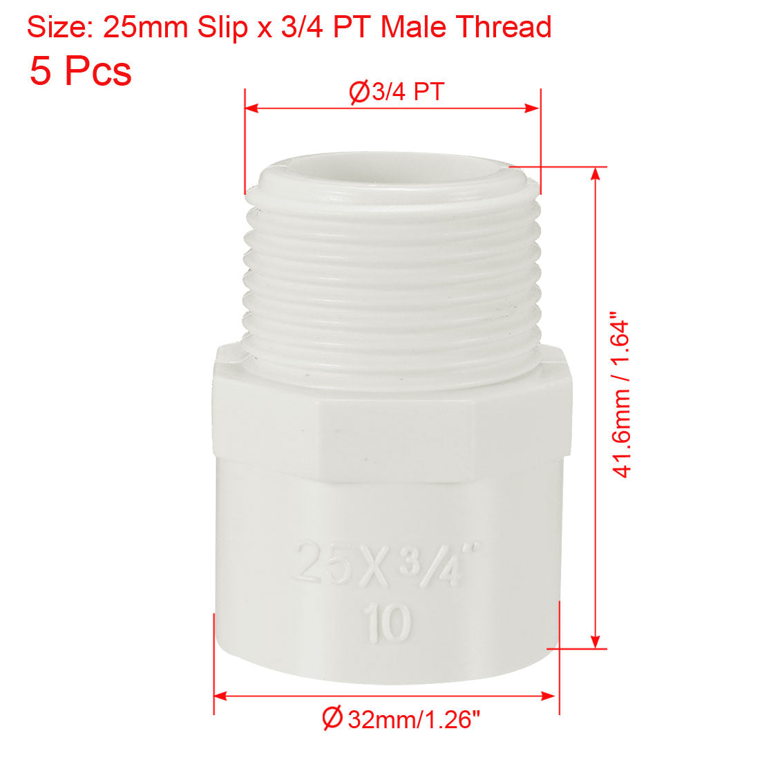 uxcell Uxcell 25mm Slip x 3/4 PT Male Thread PVC Pipe Fitting Adapter Connector 5 Pcs