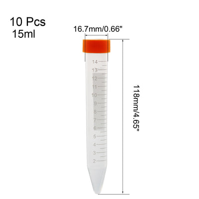 Harfington Uxcell 10 Pcs 15ml Plastic Centrifuge Tubes with Orange Screw Cap, Conical Bottom, Graduated Marks