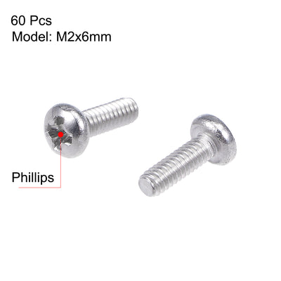 Harfington Uxcell Machine Screws Pan Phillips Cross Head Screw Stainless Steel Fasteners Bolts, 60Pcs