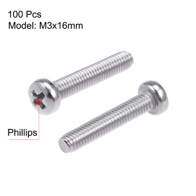 Harfington Uxcell Machine Screws Pan Phillips Head 304 Stainless Steel Fasteners Bolts 100Pcs