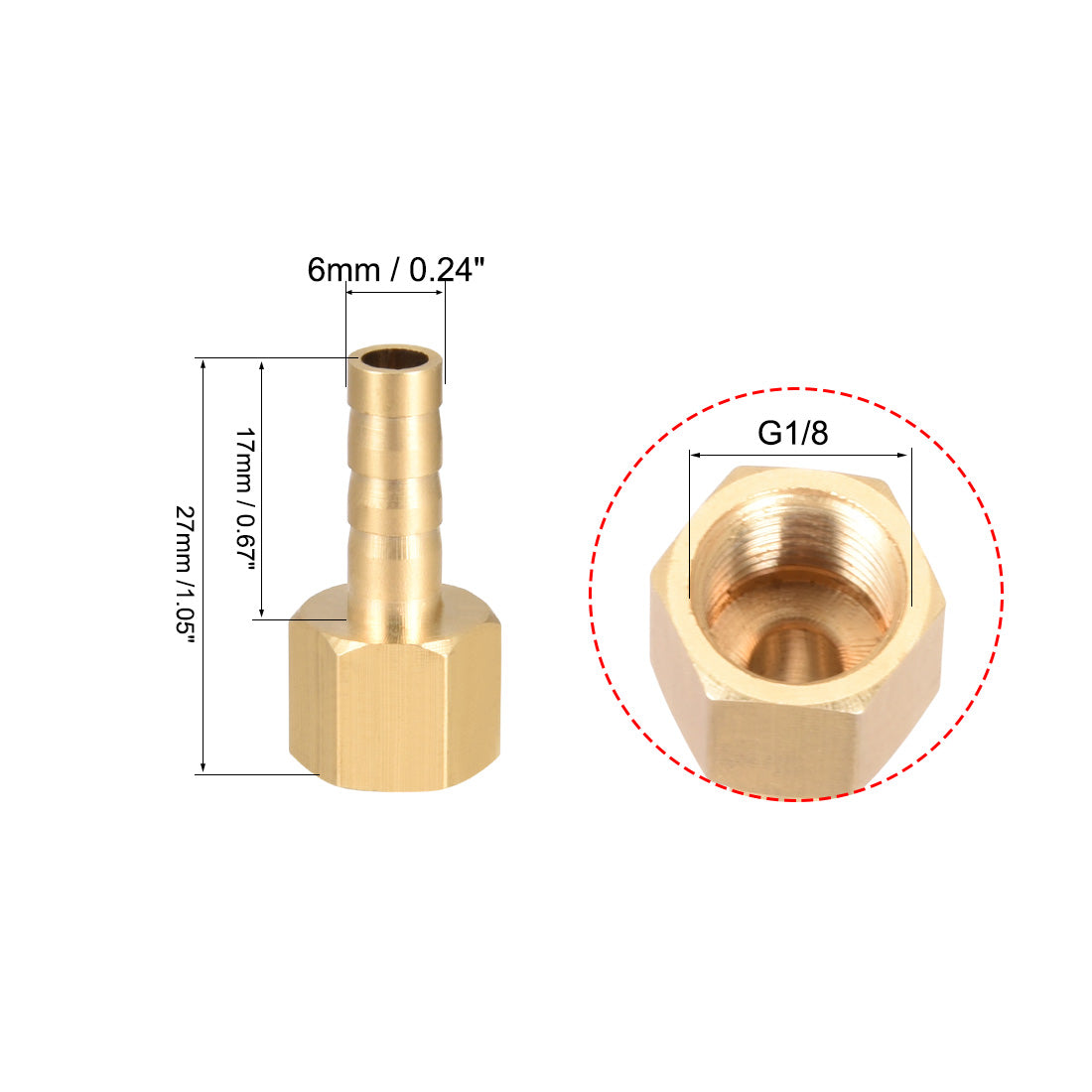 uxcell Uxcell Brass Barb Hose Fitting Connector Adapter 6mm Barbed x G1/8 Female Pipe 5pcs