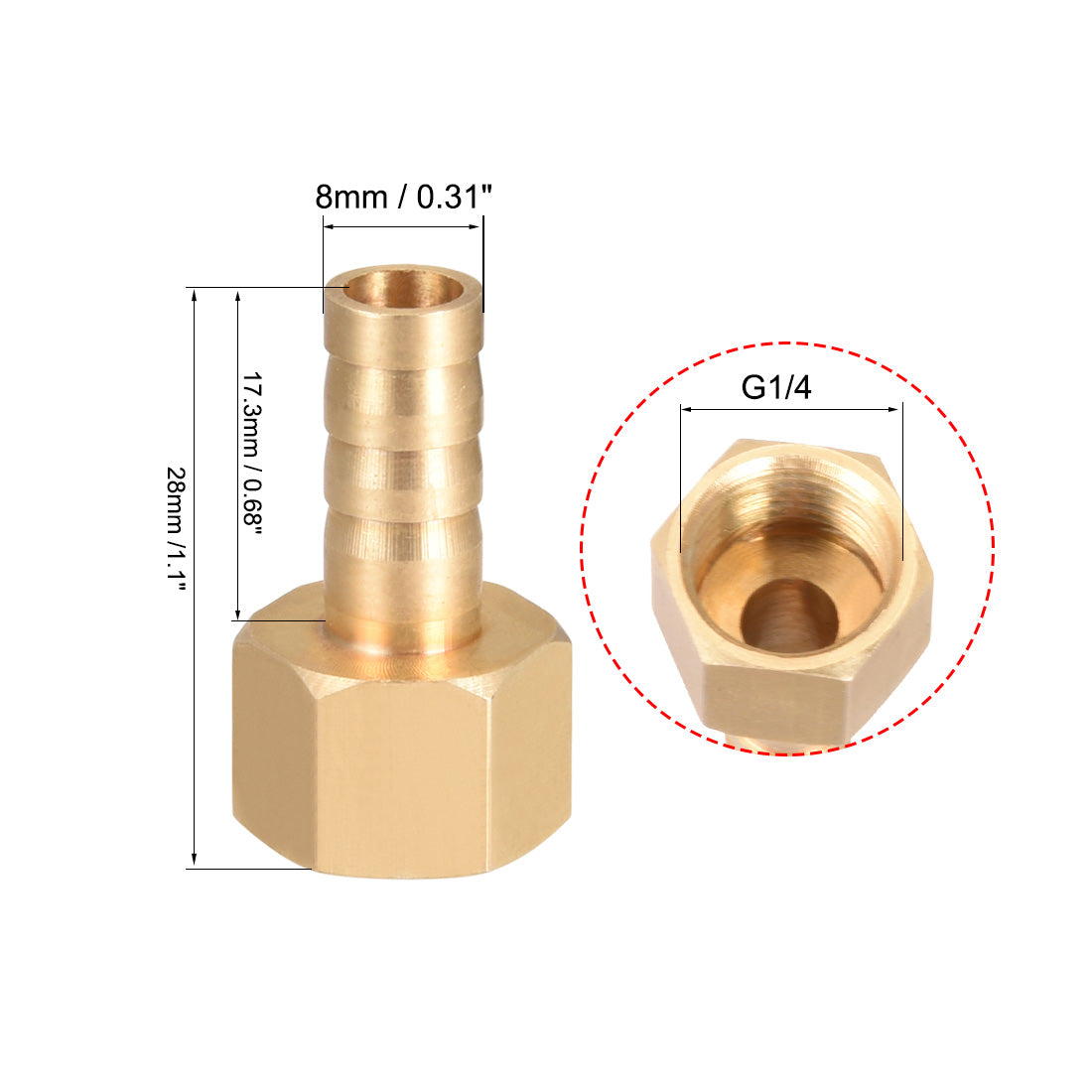 uxcell Uxcell Brass Barb Hose Fitting Connector Adapter 8mm Barbed x G1/4 Female Pipe 5pcs