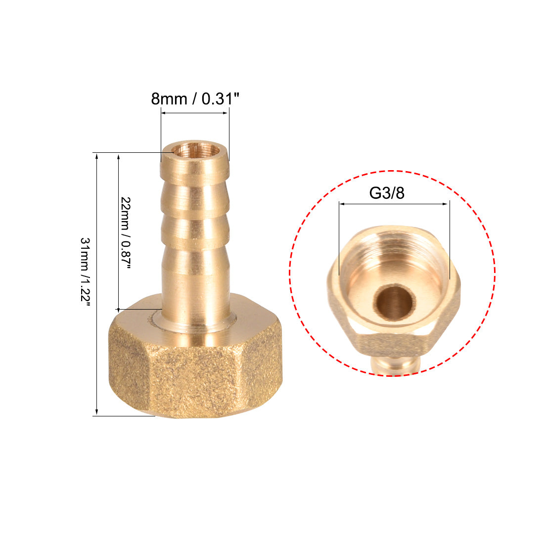 uxcell Uxcell Brass Barb Hose Fitting Connector Adapter 8mm Barbed x G3/8 Female Pipe 5pcs