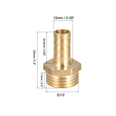 Harfington Uxcell Brass Barb Hose Fitting Connector Adapter 10mm Barbed x G1/2 Male Pipe 2Pcs