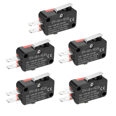 uxcell Uxcell 5PCS OV-151-1C25 15A 125/250V AC 3 Terminals Short Straight Lever Type Micro Limit Switches