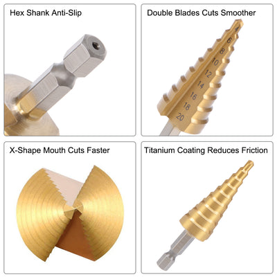 Harfington Uxcell Step Drill Bits Set HSS 3-12mm 4-12mm 4-20mm Titanium Coated Straight Flutes Hex Shank for Metal Wood Plastic