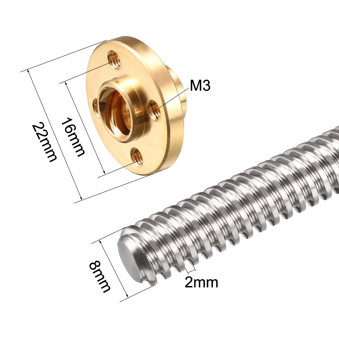 uxcell Uxcell 2Stk.Leitspindel Stange mit Kupfermutter für 3D Drucker 200mm T8 Pitch 2mm Führung 2mm