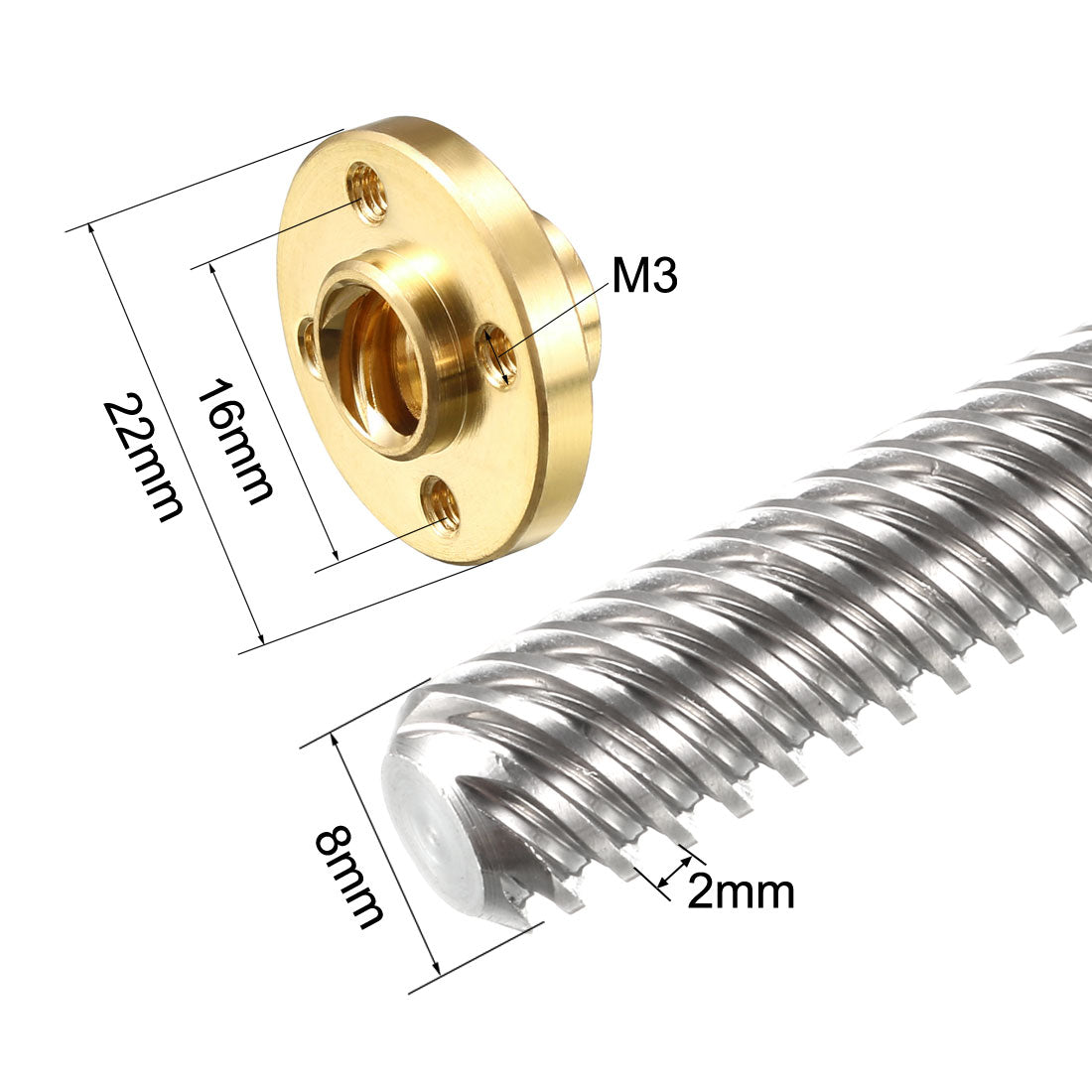 uxcell Uxcell 2PCS 200mm T8 Pitch 2mm Lead 8mm Lead Screw Rod with Copper Nut for 3D Printer