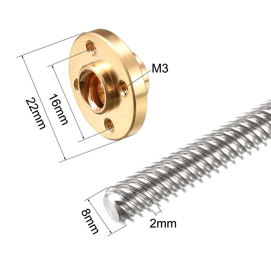 uxcell Uxcell 500mm T8 Pitch 2mm Lead 8mm Lead Screw Rod with Copper Nut for 3D Printer