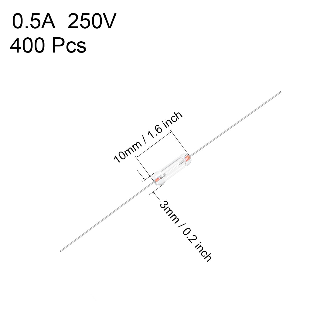 uxcell Uxcell Glass Fuses Axial with Lead Wire 0.5A AC250V 3x10mm Fast Blow for Energy Saving Lamp Bulb 400pcs