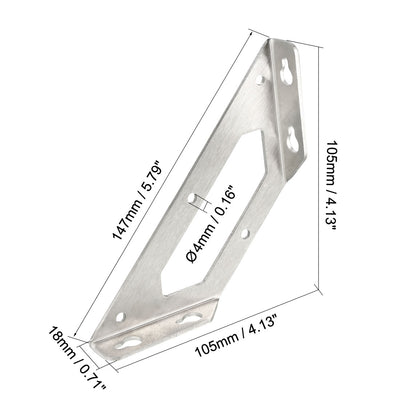 Harfington Uxcell Shelf Angle Bracket Joining Support Corner Brace, 105mm x 105mm,Stainless Steel Silver Tone, 4Pcs