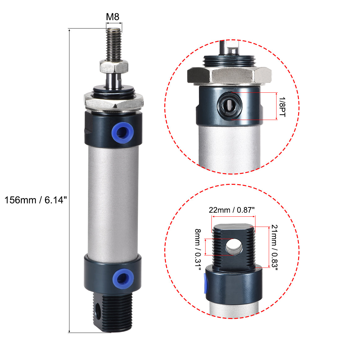 uxcell Uxcell Pneumatic Air Cylinder, 20mm Bore Stoke M8,Single Rod Double Action