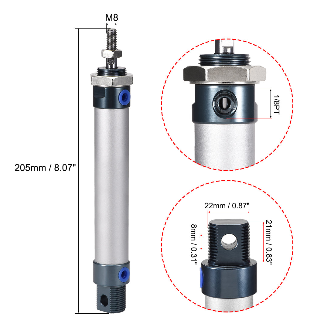 uxcell Uxcell Pneumatic Air Cylinder, 20mm Bore Stoke M8,Single Rod Double Action