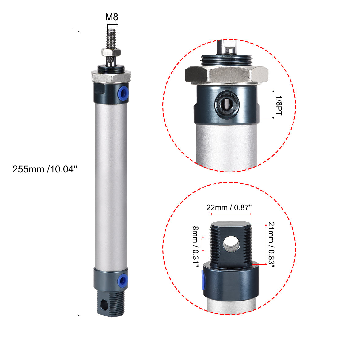 uxcell Uxcell Pneumatic Air Cylinder, 20mm Bore Stoke M8,Single Rod Double Action