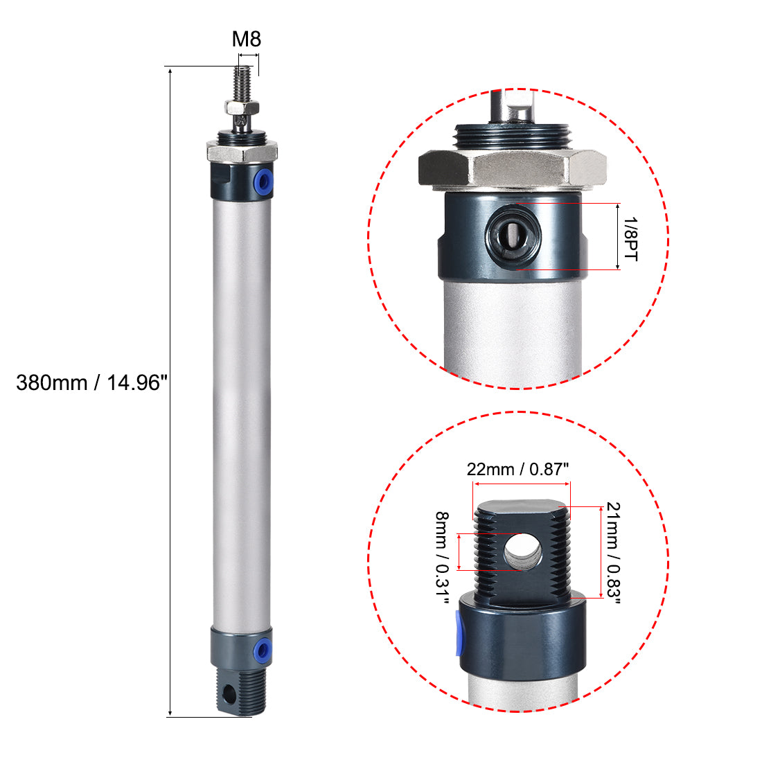 uxcell Uxcell Pneumatic Air Cylinder, 20mm Bore Stoke M8,Single Rod Double Action