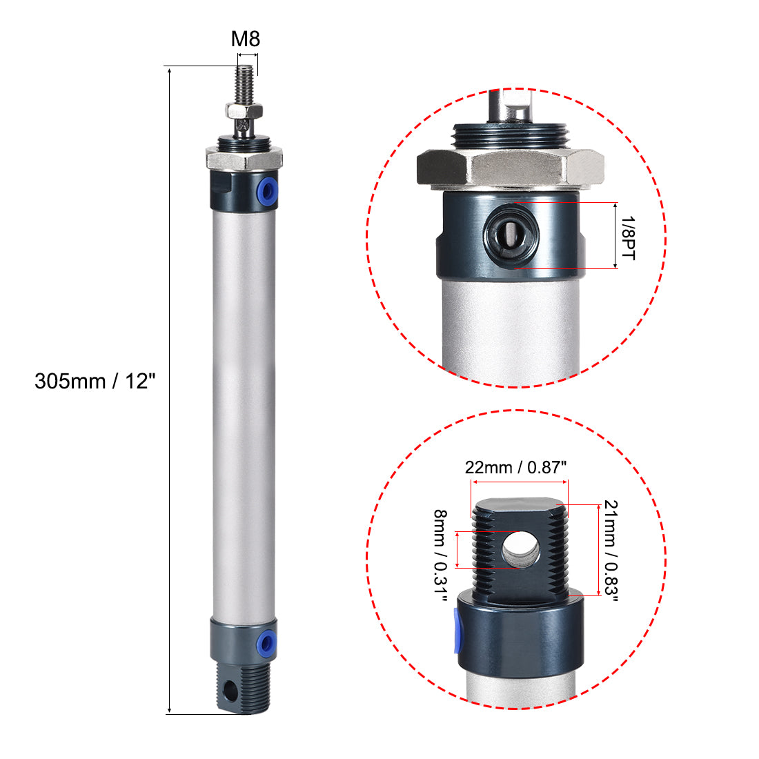 uxcell Uxcell Pneumatic Air Cylinder, 20mm Bore Stoke M8,Single Rod Double Action