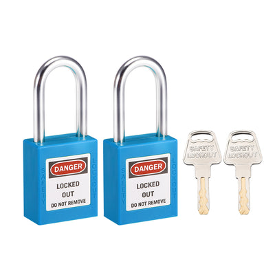 Harfington Uxcell Lockout Tagout Safety Padlock 38mm Steel Shackle Keyed Alike Blue 2Pcs